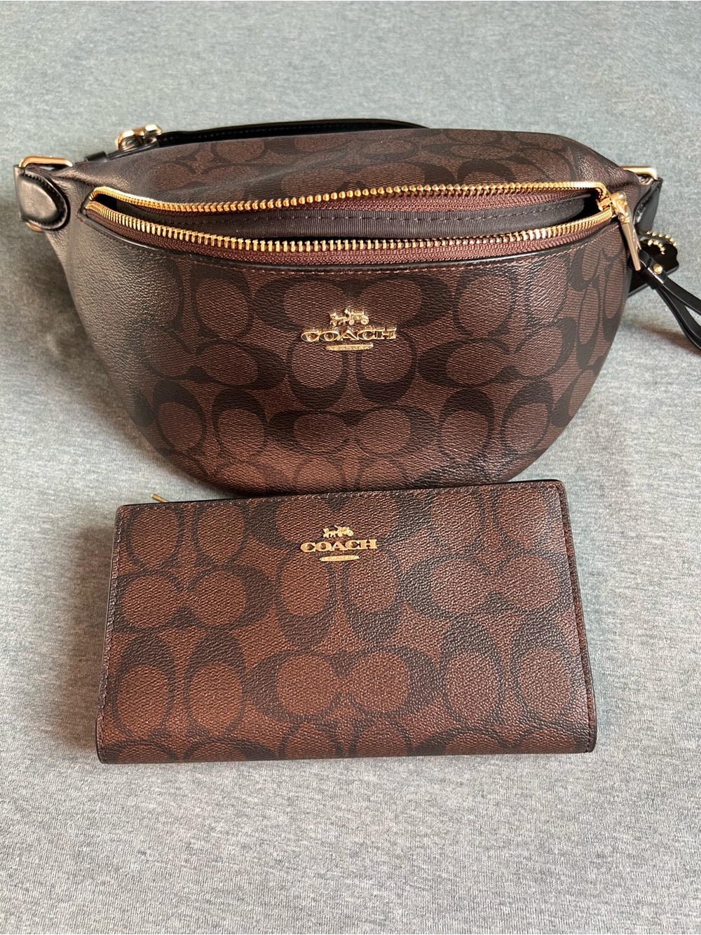 Coach Brown Signature Coated Canvas Belt Bag and Wallet Set